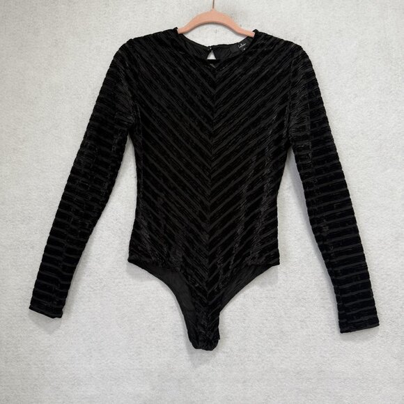 Lulus Bodysuit Womens Medium Black Velvet Burnout Long Sleeve Snap Chevron Mesh - Picture 1 of 9